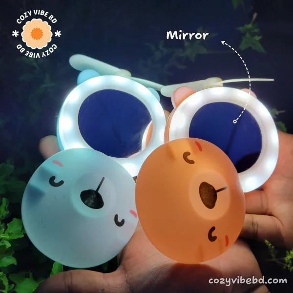 cute pocket makeup mirror with light and fan for girls 2 color variant side by side - image by cozy vibe bd