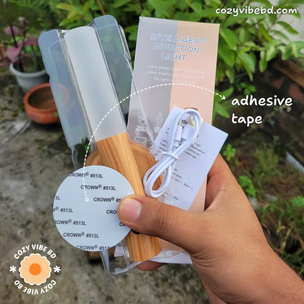 product motion sensor light - adhesive tapeis is labeled with text - image by cozy vibe bd